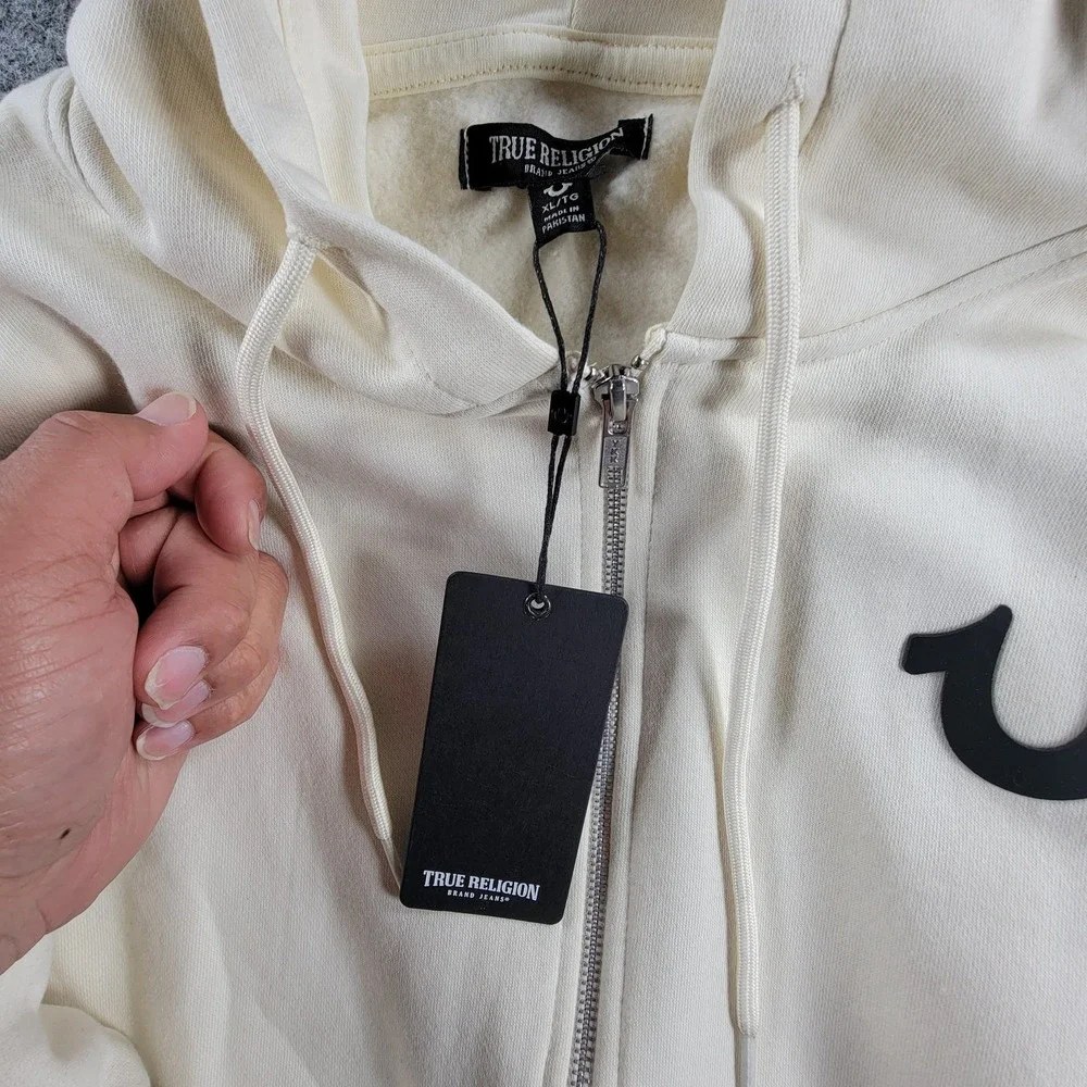 NWT True Religion Zip-Up Hoodie Mens XL Winter White Fleece Classic Logo Graphic